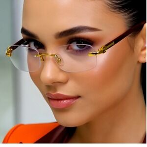 Rimless Glasses Gold Woody Arms Fashion Women Street Wear Clear Lens Gafas Lente